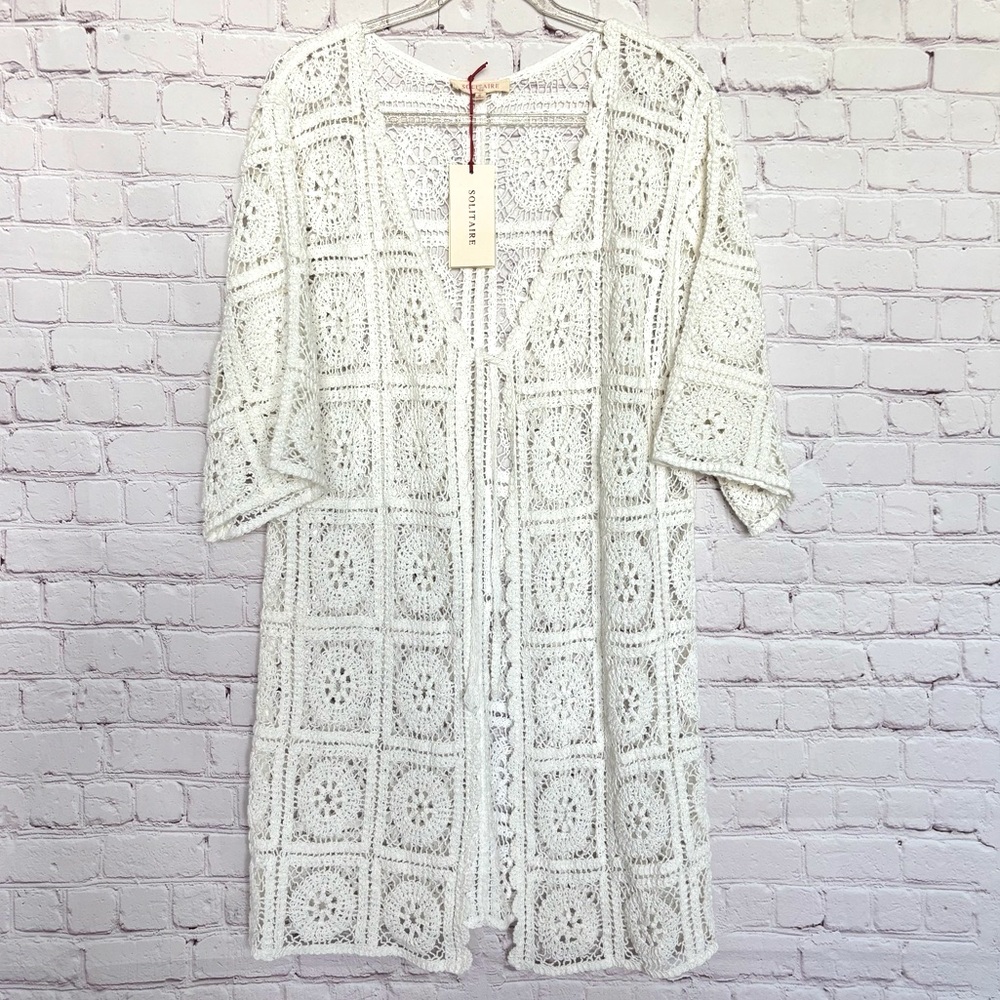 SOLITAIRE 3/4 Sleeve Ivory Boho Crochet Cardigan or Beach Cover-Up--NWT--S - Picture 6 of 15